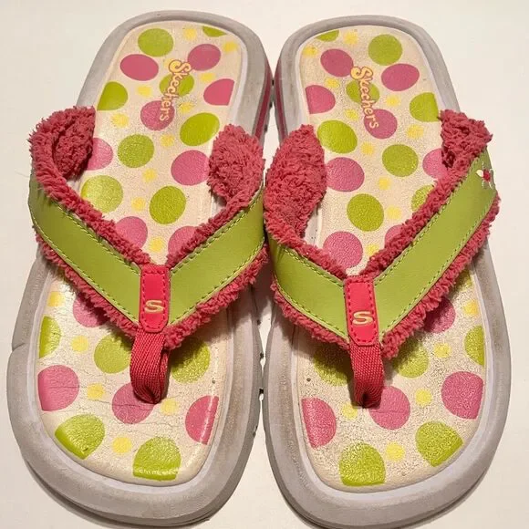 Skechers Pink and Green Polka Dot Vintage Flip Flops Size 8.5 - Picture 1 of 3